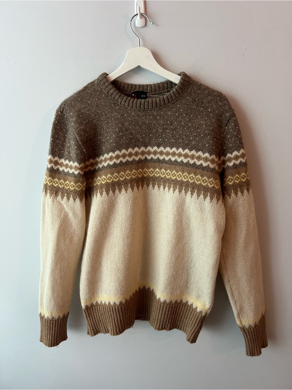 Vintage 80s Robert Bruce Fair Isle Knit Crewneck Sweater Brown Tan Medium